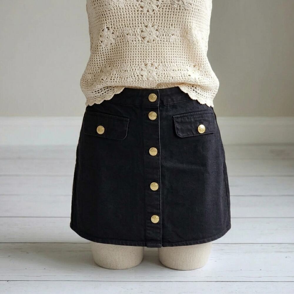 J Crew Heritage Crest Button Denim Jean Mini Skirt Black Gold Cotton Medium 12